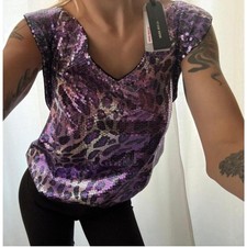 Vintage MISS SIXTY Purple Sequin Leopard Print V-Neck Top NWT picture