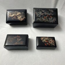 Antique Black Chinese Lacquerware Hand Painted Dragon Nesting (4)Boxes MC picture