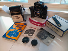 Canon F-1 Black 35mm Film SLR Camera w/ Booster T Finder & Motor Drive MF picture