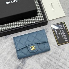 CHANEL Classic Flap Card Holder Blue Caviar Leather Gold CC Wallet AP0214 picture