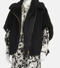 Max Mara Women's Black Wool Lapel Collar Asymmetric Zip Teddy Poncho Size S picture