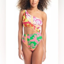 NWT Bar III One-Shoulder Tropical Print One Piece - Pink, Green, Yellow picture