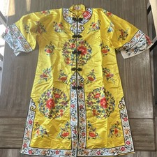 VTG 60s Golden Bee 100% Pure Silk Embroidered Chinese Robe Jacket Tag M Yellow picture