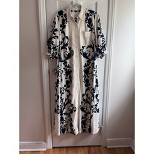 Anthropologie Maeve Mona Linen Maxi Shirtdress Navy Blue Damask Floral XSP $188 picture