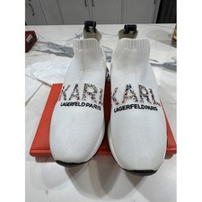 Karl Lagerfeld Paris Knit Sneakers Kids 8 White Good Rhinestone Pearl Logo picture