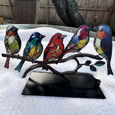 Metal Bird on Branch Figurine, Freestanding Tabletop Decor, Multicolor/Black picture