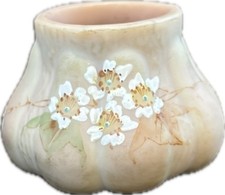 Mt Washington Burmese Glass Fig Toothpick Holder Painted Floral Uranium UV Glow  picture
