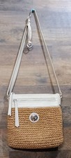 Vtg Brighton Kari Messenger Straw Crossbody Bag Woven Brown Cream Leather Charm picture