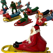 18 Vintage Barclay Cast Metal Winter Toy Figures 7 Sleds Santa Men Pull Sleds picture