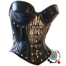 Gothic Black Overbust Leather Corset Women - Buckle Straps, Rivets Bondage Style picture