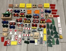 Huge BRIO Wooden Train Lot - Trains Cars Trees Signs Buildings Blocks Vintage picture