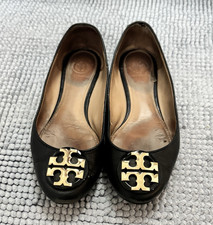 tory burch black leather ballet flats slip-on with gold logo womens 5.5 picture