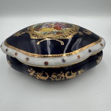 Antique Sevres Style Jeweled Porcelain Jewelry Casket Box Courting Couple 6.25” picture