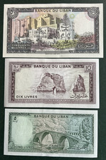 LEBANON SET OF 3 BANKNOTES 5,10 LIVRES 1986 AND 50 LIVRES 1988 UNC  picture