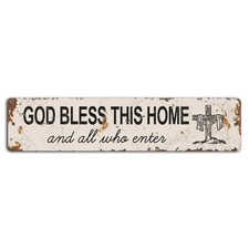 God Bless This Home and All Who Enter Rustic Jesus Cross Sign Metal Decor picture