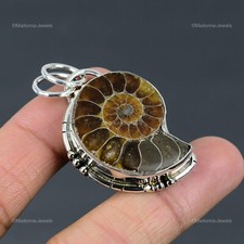 Ammonite Fossil Gemstone 925 Sterling Silver Vintage Bezel Wife Pendant Jewelry picture
