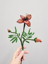 Vintage French Beaded Red Flower With Buds Long Stem Glass Bead Floral Art picture