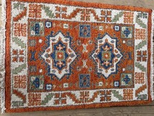 Vintage Handcrafted Wool Rug in Orange & Blue, Geometric Pattern 2x3 picture