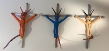 Devil on Cross Mexican Folk Art Diablo Lucifer Oaxaca Wood Carving Hanging Set 3 picture