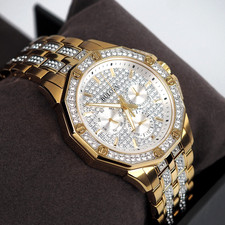Men's Bulova Octava Crystal Gemmed Dial Gold Stainless Steel Quartz Watch 98C126 picture