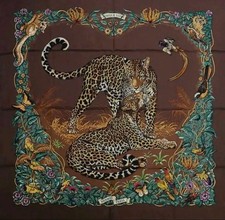 HERMES Carre 90 Jungle Love Silk Scarf Jaguar Tiger Heart Brown Animal FS picture