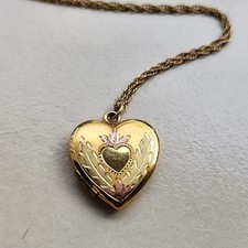 Vintage 12K Gold Filled Heart Locket Necklace Rhinestone Floral Photo Pendant GF picture