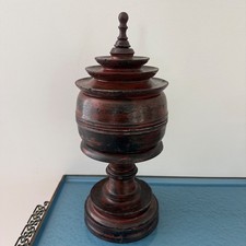 Vintage Wood  Burmese Hsun-ok Offering Vessel 17” Red Lacquered Pedestal Lid picture
