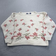 VINTAGE GAP Sweater Womens Small White Floral Handknit Grandma Crewneck 80s 90s picture