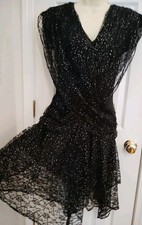 VTG PUNK GOTH FAIRY MADONNA dress black silver lace layers handkerchief 8/10 USA picture