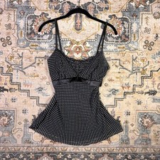 Forever Twenty One Black Polka Dot Empire Waist Babydoll Cami Top Y2K Smocked S picture