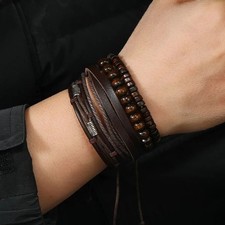 4PCs Fashion Vintage Multi-Layer Wooden Beads Trendy Accessories Men'S Bracelet picture