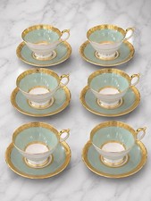 Aynsley Bone China Tea Cup & Saucer Set of 6 Montreal Green Gold MCM picture