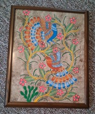 Vtg Amate Bark Painting Mexico Folk Art Mythical 2 Birds Oaxaca 1988 Framed  picture