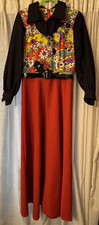 Handmade 1970s Disco Floral Long Dress Orange/Black Polyester picture