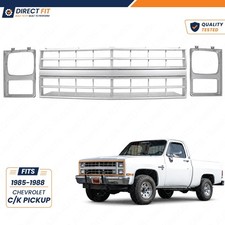 New Fits 1985-1988 Chevy C/K Pickup Front Grille + Headlight Bezel Set Silver picture