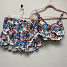 Solaris Style Womens Tank Top & Shorts Multicolor Floral Smocked Lace Trim M New picture