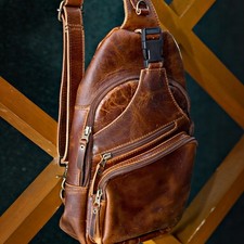 Vintage Brown Leather Sling Bag Crossbody Shoulder Bag Travel Casual picture