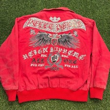 Vintage Pelle Pelle Reign Supreme Embroidered Studded Canvas Jacket Red Mens 2XL picture