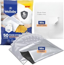 Wallaby 50ct 1 Gallon Mylar Bags 10 Mil Heat Seal Food Storage w/ Labels picture