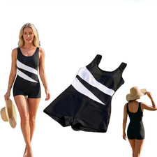 Women Striped‑Print Boyleg One‑Piece Swimsuit, Sleeveless U‑Neck Bathing Suit picture