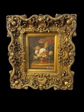 Signed Floral Still Life Painting Ornate Gold Gilt Frame 19” x 17” picture