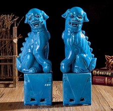 Pair Jingdezhen Blue White Porcelain Foo Fu Dog Lion Statue Guardion Lion Decor picture