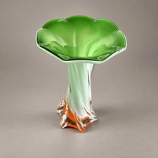 Vintage Czech Chřibská Style Art Glass Vase Green Orange 20cm MCM picture