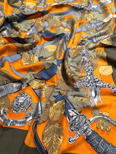HERMES Silk Scarf Carre 90 AU PLUS DRU Dagger Oak Leaf Orange Khaki France picture