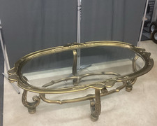 Hollywood Regency Oval Coffee Table Brass Frame Glass Top MCM Style picture