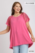 Umgee Hot Pink Plus Linen Blend Round Neck Crochet Fringe Short Sleeves Detail picture