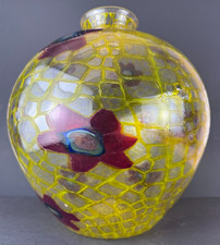 RARE Ercole Barovier Style Italian Art Glass Mosaico Yellow Red Floral Vase picture