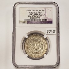 1927-A Germany Weimar Norhausen 3 Mark  .2411 oz ASW - NGC UNC Dets - Q2458 picture