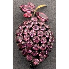 Vintage Warner Brooch Pink Rhinestone Fruit Berry Gold Tone Signed 1.75in picture