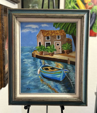 Waterscape Boat Painting Hand Painted Signed Fine Art Vintage Frame 11x14 picture